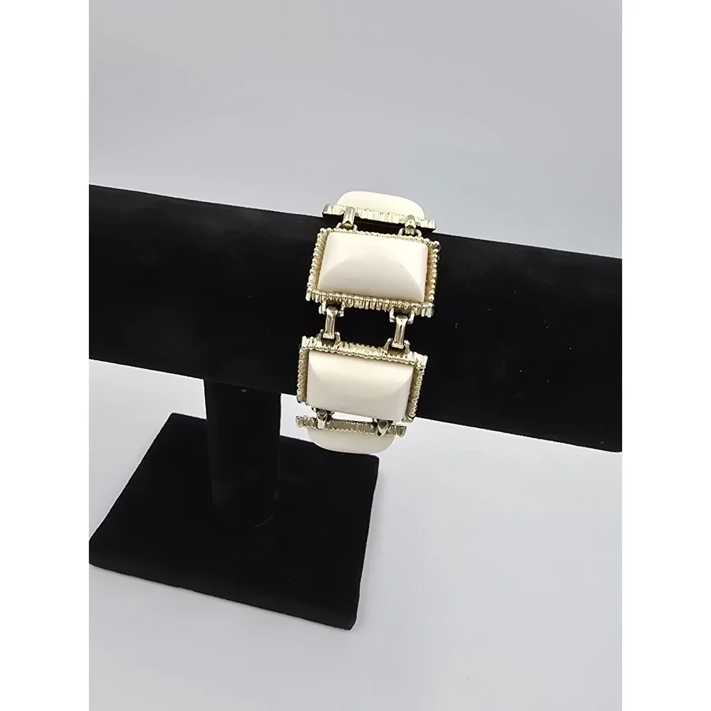 Vintage Gold Tone White Thermoset Panel‎ Link Bracelet Mid-Century Modern Style